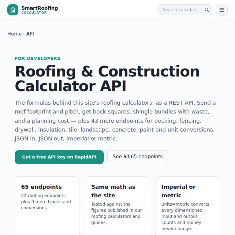 Construction calculator API: add roofing and material estimates to your app