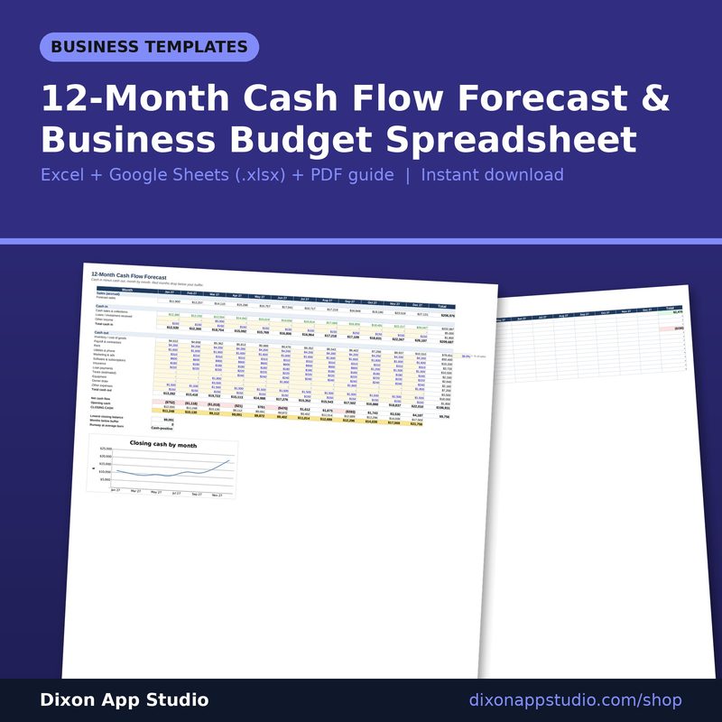 12-Month Cash Flow Forecast & Business Budget Spreadsheet preview