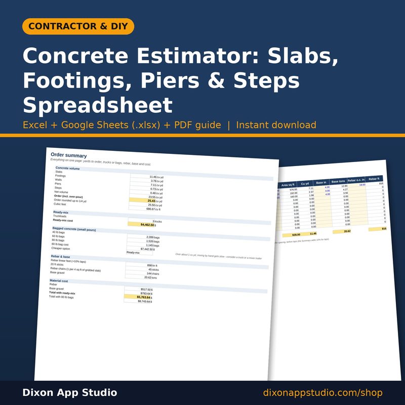 Concrete Estimator: Slabs, Footings, Piers & Steps Spreadsheet preview