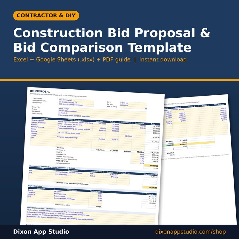 Construction Bid Proposal & Bid Comparison Template preview