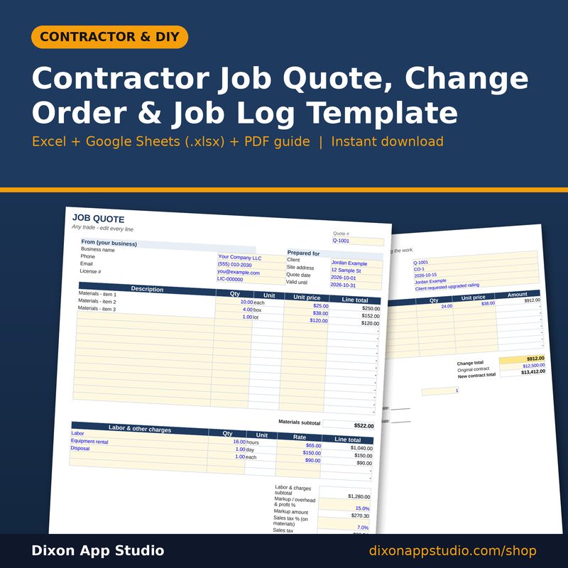 Contractor Job Quote, Change Order & Job Log Template preview
