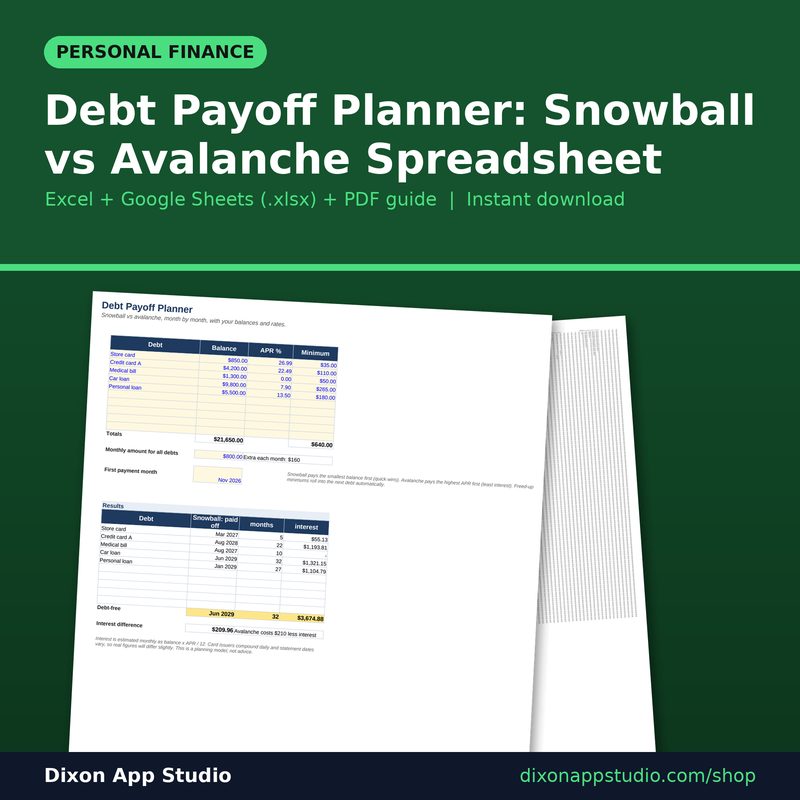 Debt Payoff Planner: Snowball vs Avalanche Spreadsheet preview