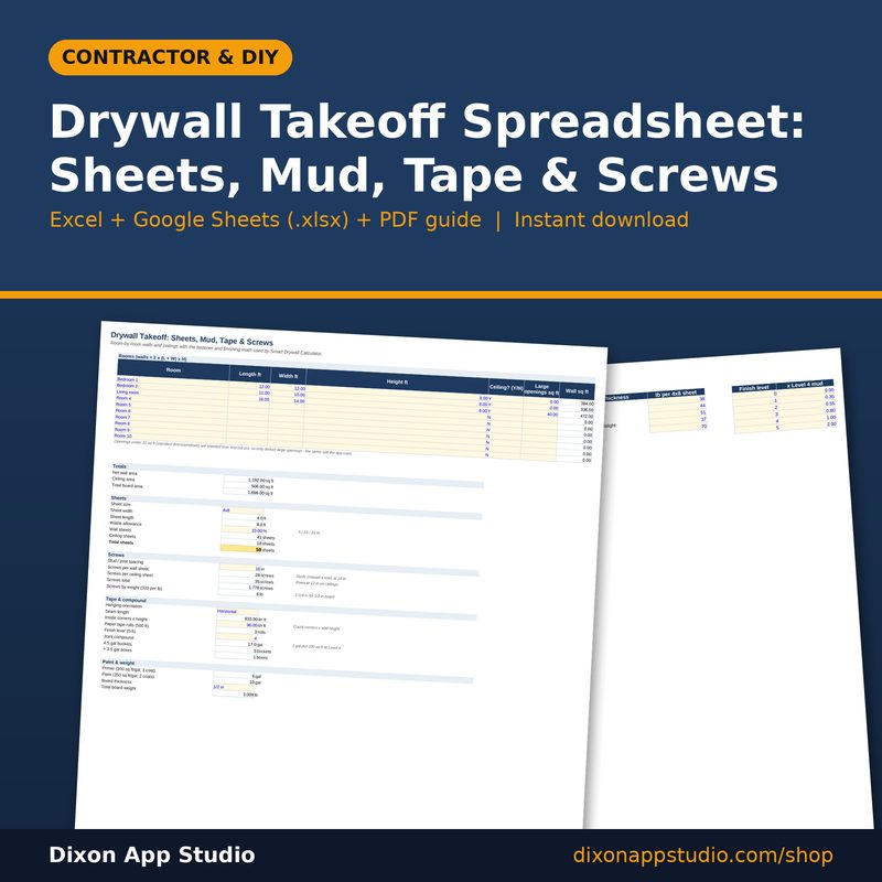 Drywall Takeoff Spreadsheet: Sheets, Mud, Tape & Screws preview