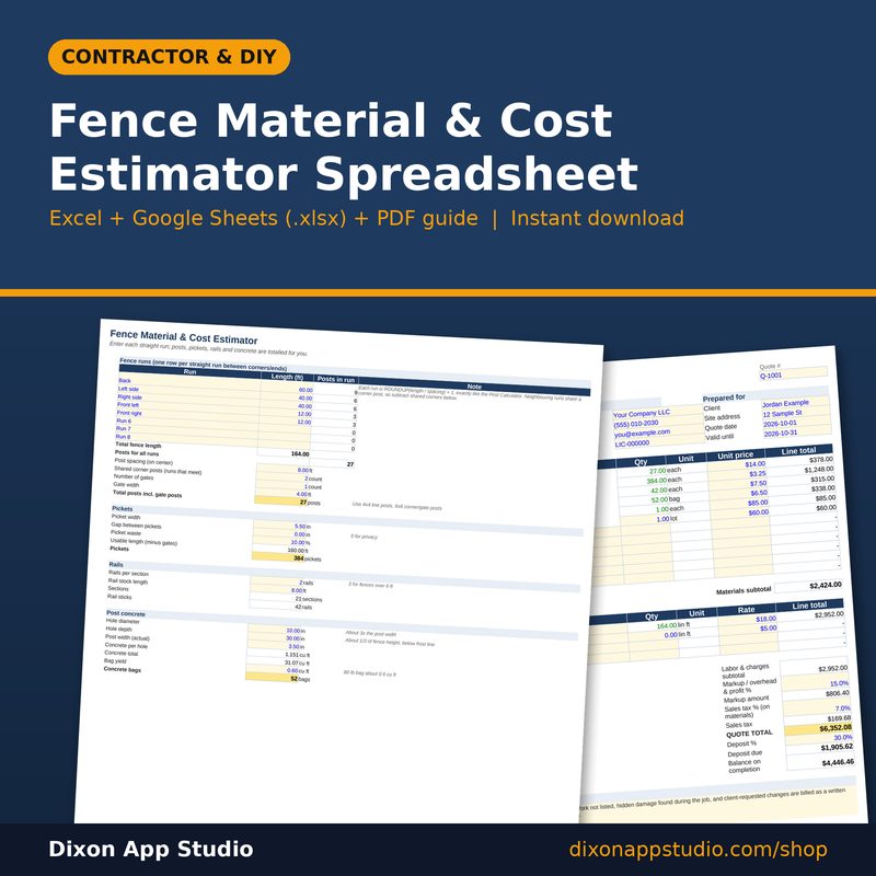Fence Material & Cost Estimator Spreadsheet preview