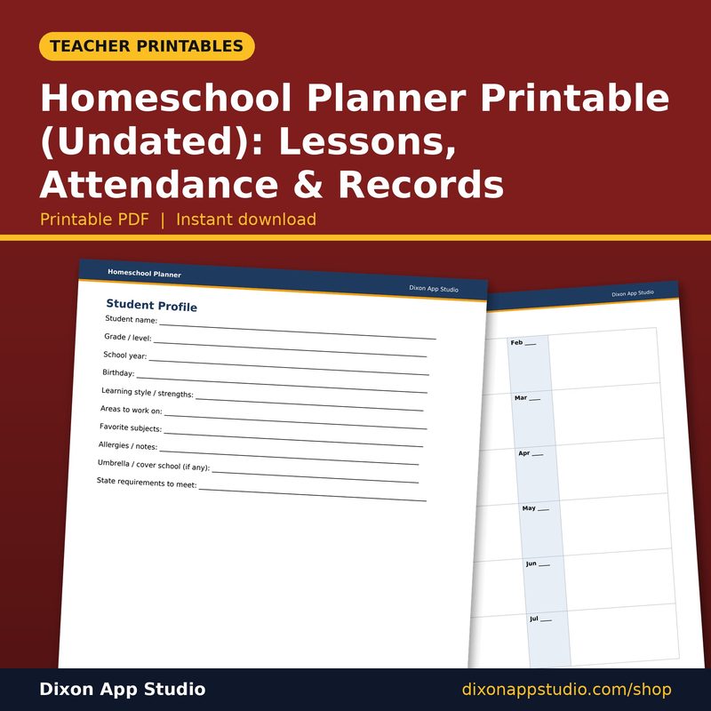 Homeschool Planner Printable (Undated): Lessons, Attendance & Records preview