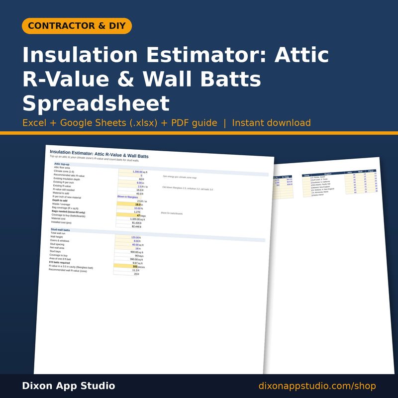 Insulation Estimator: Attic R-Value & Wall Batts Spreadsheet preview