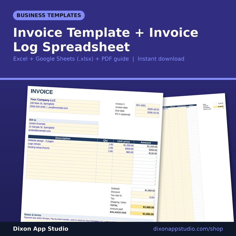 Invoice Template + Invoice Log Spreadsheet preview