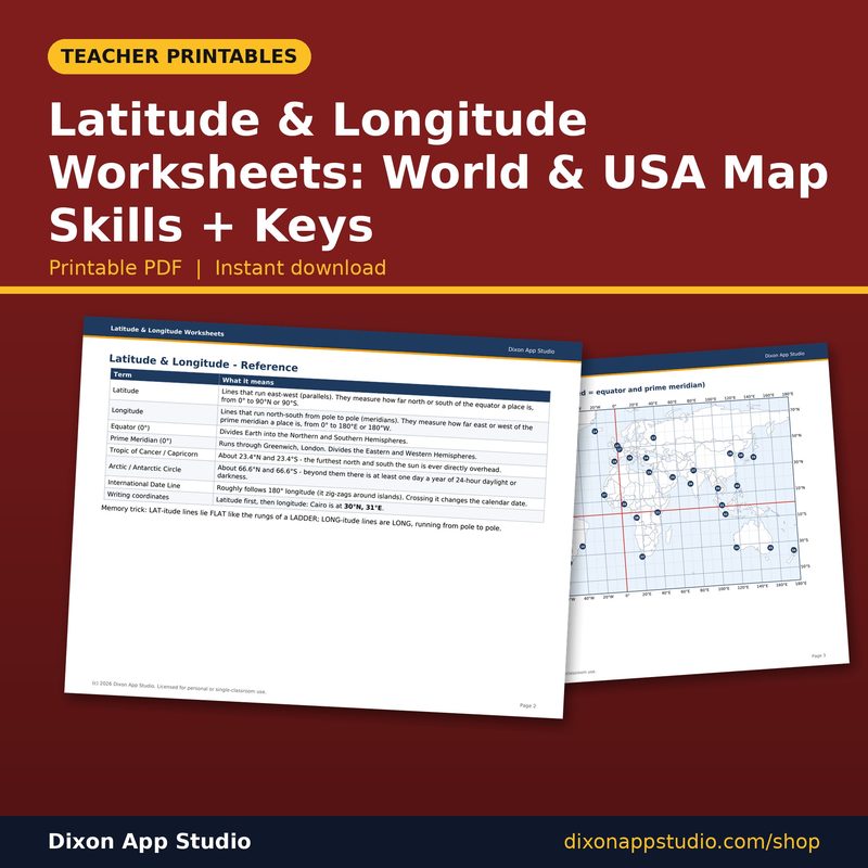 Latitude & Longitude Worksheets: World & USA Map Skills + Keys preview