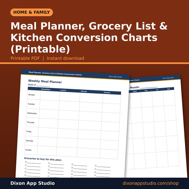 Meal Planner, Grocery List & Kitchen Conversion Charts (Printable) preview