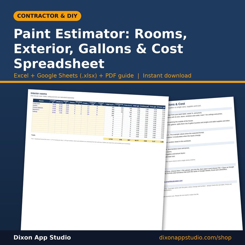 Paint Estimator: Rooms, Exterior, Gallons & Cost Spreadsheet preview