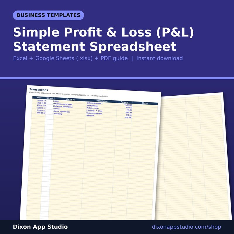Simple Profit & Loss (P&L) Statement Spreadsheet preview