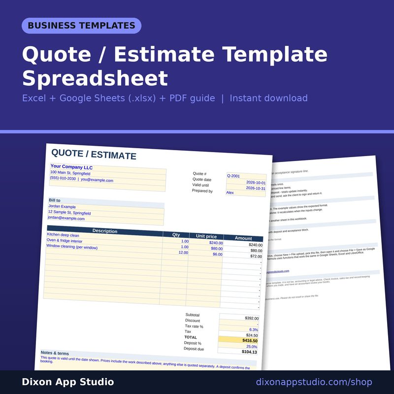 Quote / Estimate Template Spreadsheet preview