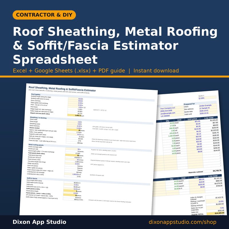 Roof Sheathing, Metal Roofing & Soffit/Fascia Estimator Spreadsheet preview