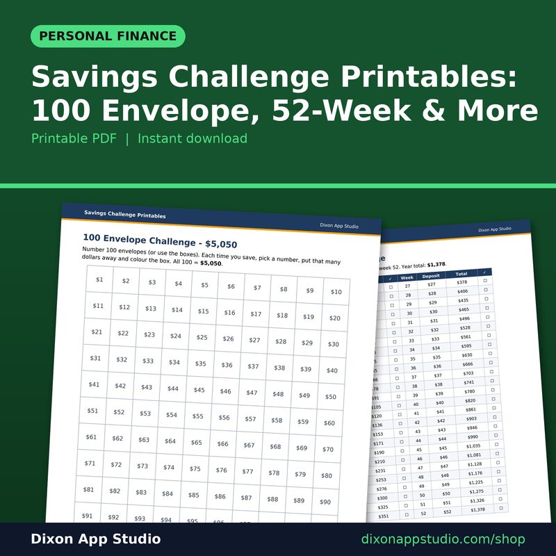 Savings Challenge Printables: 100 Envelope, 52-Week & More preview
