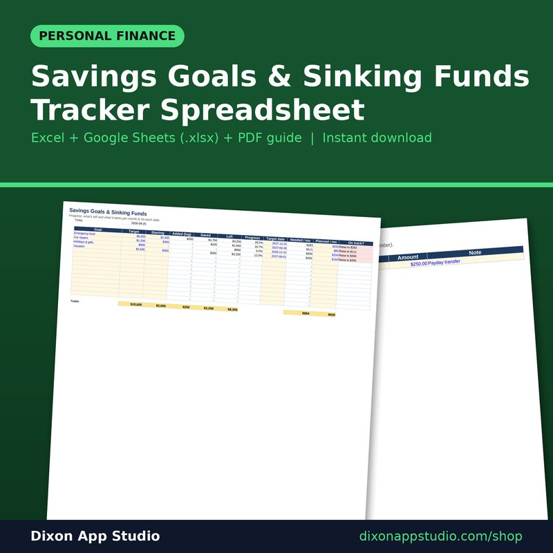 Savings Goals & Sinking Funds Tracker Spreadsheet preview