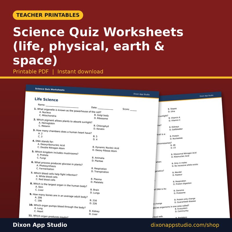 Science Quiz Worksheets (life, physical, earth & space) preview