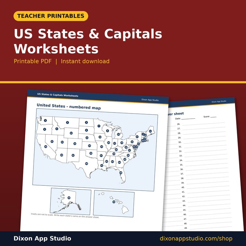 US States & Capitals Worksheets preview