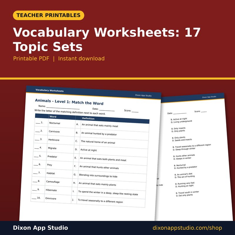 Vocabulary Worksheets: 17 Topic Sets preview