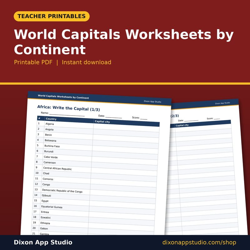 World Capitals Worksheets by Continent preview
