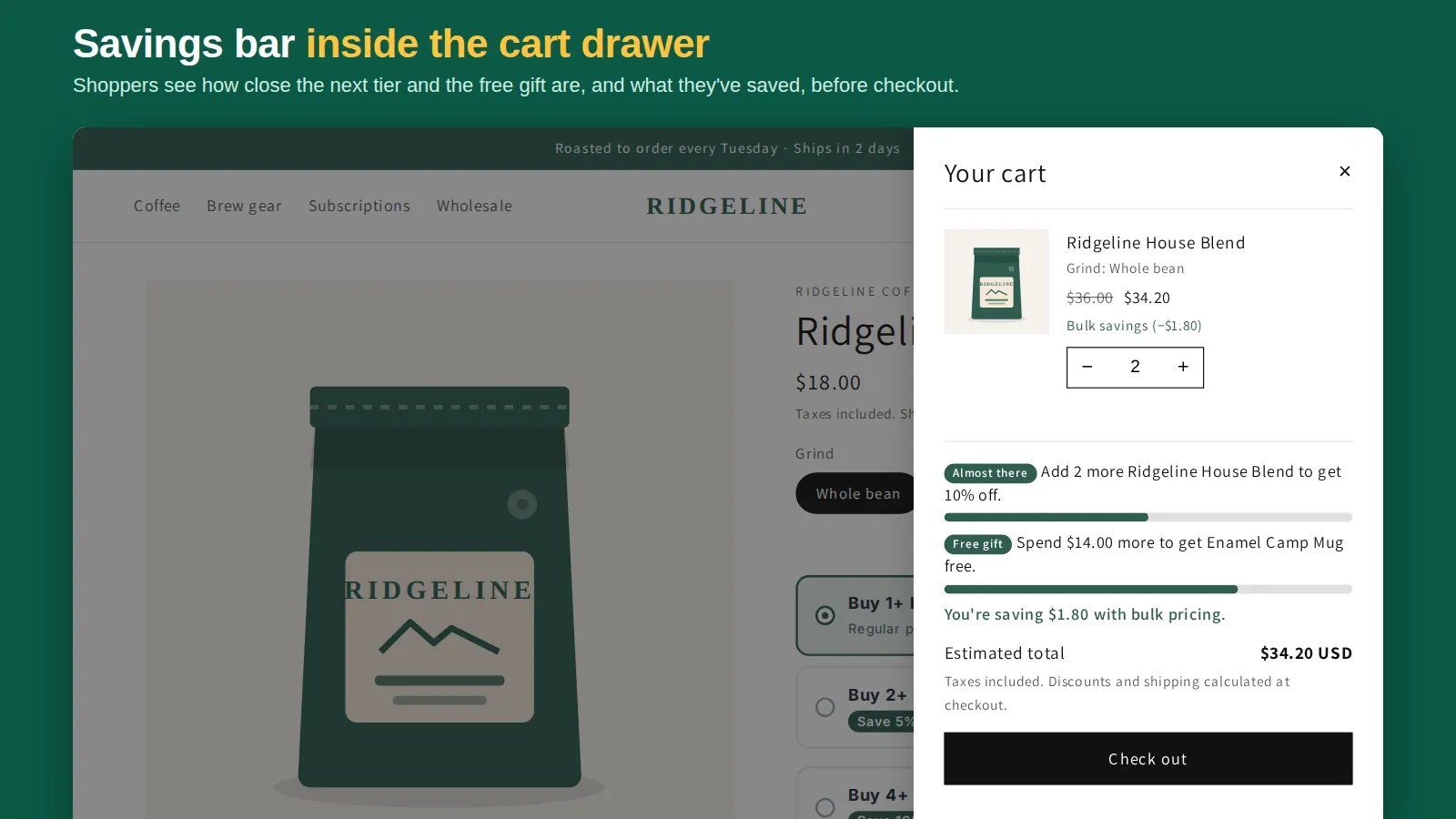 Cart drawer savings: next tier, free gift progress and amount saved