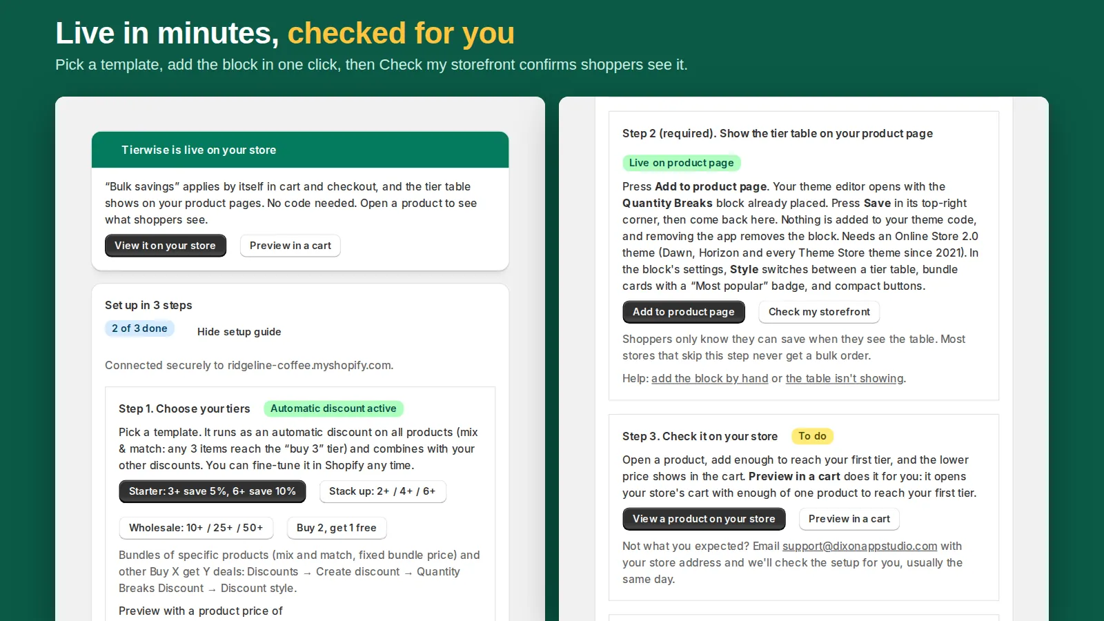 Tierwise app home: templates with a live preview, then Check my storefront